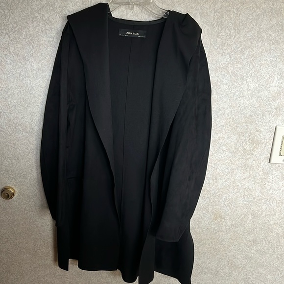 Zara basic black faux suede belted jacket blazer with hood size large - Picture 2 of 5